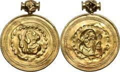 NW India. Gold Medallion Pendant. Gold medallion. 39mm diameter; loop height 9mm, 7.62g (12h), c. late 4th century AD. Repoussé central design, set within a wide frame with two rope borders, and an ex