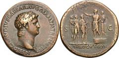 Nero. 54-68 AD. Sestertius, 27.12g (7h). Rome, 64 AD. Obv: NERO CLAVDIVS CAESAR AVG GERM P M TR P IMP P P Bust laureate right, aegis with Medusa head and snakes on front shoulder, another fold behind 