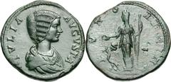 Julia Domna. Sestertius, 23.43g (11h). Rome, 197 AD. Obv: IVLIA - AVGVSTA Bust draped right. Rx: IVNO - REGINA S - C Juno, veiled, standing left holding patera and scepter, peacock at feet. BM 769. Co