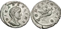 Diva Paulina, Wife of Maximinus I. Denarius, 2.16g (7h). Rome. Obv: DIVA PAVLINA Bust draped and veiled right. Rx: CONSECRATIO Paulina, veiled, waving good-by and holding scepter, seated left on peaco