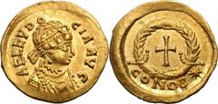 Aelia Eudocia, Wife of Theodosius II. Tremissis, 1.20g (6h). Constantinople. Obv: AEL EVDO - CIA AVG Diademed, draped bust right, seen from front. Rx: Cross within wreath, CONOB* below, RIC's wreath t
