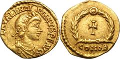 Valentinian III. 425-455 AD. Tremissis, 1.42g (6h), Rome or Ravenna. Obv: [D N] PLA VALENTI - NIANVS P F AVG Rosette-diademed, draped, cuirassed bust right, seen from front. Rx: Cross within wreath, C