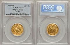 Achaia. Venetian Style gold Zecchino of Roberto D'Angio Tarente ND (1346-64), Fr-38a, MS65 PCGS, fully brilliant and remarkably well-struck, rare type and especially so in this superior quality.