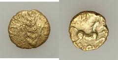 CELTIC BRITAIN. Catuvellauni & Trinovantes. Cunobelin. Ca. AD 10-41. AV 1/4 stater (0.98 gm). Ear of grain / Celtic horse galloping r. Van Arsdell 2015. Pale yellow gold. Obverse corroded, otherwise V