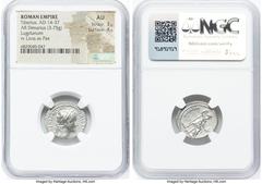 Ancients Roman Imperial Tiberius, as Augustus (AD 14-37). AR denarius (19mm, 3.75 gm, 2h). NGC AU 3/5 - 4/5. Lugdunum, ca. AD 14-17. TI CAESAR DIVI-AVG F AVGVSTVS, laureate head of Tiberius right / PO