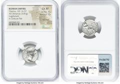 Ancients Roman Imperial Tiberius, as Augustus (AD 14-37). AR denarius (19mm, 3.81 gm, 4h). NGC Choice XF 4/5 - 3/5, brushed. Lugdunum, ca. AD 14-17. TI CAESAR DIVI-AVG F AVGVSTVS, laureate head of Tib