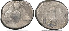 Ancients Greek IONIA. Ephesus. Ca. 4th century BC. AR tetradrachm (23mm, 12h). NGC Good. Ecatocles, magistrate. E-Φ, bee with straight wings seen from above / EKATOKΛHΣ, forepart of stag kneeling righ