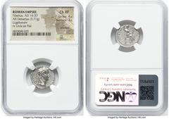 Ancients Roman Imperial Tiberius (AD 14-37). AR denarius (17mm, 3.71 gm, 6h). NGC Choice XF 4/5 - 3/5, brushed. Lugdunum, ca. AD 14-17. TI CAESAR DIVI-AVG F AVGVSTVS, laureate head of Tiberius right /