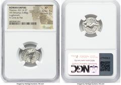 Ancients Roman Imperial Tiberius (AD 14-37). AR denarius (19mm, 3.86 gm, 4h). NGC XF 4/5 - 3/5. Lugdunum, ca. AD 14-17. TI CAESAR DIVI-AVG F AVGVSTVS, laureate head of Tiberius right / PONTIF-MAXIM, L