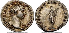 Ancients Roman Imperial Trajan (AD 98-117). AR denarius (19mm, 3.34 gm, 6h). NGC XF 5/5 - 3/5, lacquered. Rome, ca. AD 104-111. IMP TRAIANO AVG GER DAC P M TR P COS V P P, laureate head of Trajan righ