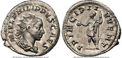 Ancients Roman Imperial Philip II, as Caesar (AD 247-249). AR antoninianus (22mm, 3.23 gm, 12h). NGC Choice AU 5/5 - 4/5. Rome, AD 244-246. M IVL PHILIPPVS CAES, radiate, draped bust of Philip II righ