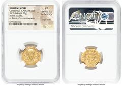 Ancients Roman Imperial Constantius II, as Augustus (AD 337-361). AV solidus (20mm, 4.23 gm, 12h). NGC VF 5/5 - 2/5, edge marks, graffiti. Rome, AD 355-357. FL IVL CONST-ANTIVS P F AVG, pearl-diademed
