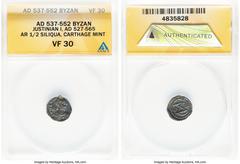 Ancients Byzantine Justinian I the Great (AD 527-565). AR half-siliqua (8mm, 9h). ANACS VF 30. Carthage, AD 537-552. D N IVSTINI-ANVS P P AC, pearl-diademed, draped, and cuirassed bust of Justinian I 