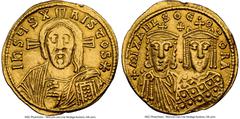 Ancients Byzantine Michael III the Drunkard with with Theodora (AD 842-867). AV solidus (20mm, 4.39 gm, 6h). NGC Choice VF 5/5 - 2/5, wavy flan. Constantinople, AD 850-856. IhSЧS X-RISTOS *, facing ha