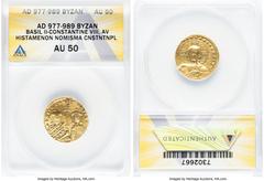 Ancients Byzantine Basil II Bulgaroctonos (AD 976-1025), and Constantine VIII. AV histamenon nomisma (22mm, 6h). ANACS AU 50. Constantinople, AD 977-989. + IhS XIS RЄX REϚNANTIhm, bust of Christ facin