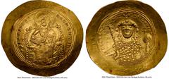 Ancients Byzantine Constantine IX Monomachus (AD 1042-1055). AV histamenon nomisma (30mm, 4.38 gm, 6h). NGC Choice AU 5/5 - 3/5, light marks, edge crimps. Constantinople. + IhS XIS RЄX-RЄGNANTIhm, Chr