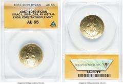 Ancients Byzantine Isaac I Comnenus (AD 1057-1059). AV histamenon nomisma (25mm, 6h). ANACS AU 55. Constantinople. + IhS XIS RЄX-RЄϚNANTIhM, Christ seated facing on backless throne, wearing nimbus cru