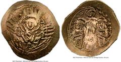 Ancients Byzantine Andronicus II Palaeologus with Andronicus III (AD 1325-1334). AV/EL hyperpyron (25mm, 4.72, 6h). NGC AU 3/5 - 4/5. Constantinople, AD 1325-1328. Nimbate bust of the Virgin, orans, w