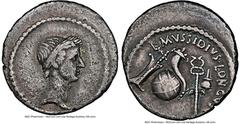 Ancients Roman Republic Divus Julius Caesar (49-44 BC), with L. Mussidius Longus, as Moneyer. AR denarius (18mm, 3.62 gm, 11h). NGC VF 4/5 - 3/5. Rome, 42 BC. Laureate head of Divus Julius Caesar righ