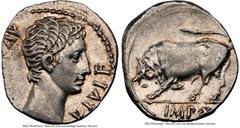 Ancients Roman Imperial Augustus (27 BC-AD 14). AR denarius (18mm, 3.91 gm, 7h). NGC AU 4/5 - 4/5. Lugdunum, ca. 15-13 BC. AVGVSTVS-DIVI•F, bare head of Augustus right / IMP•X, bull charging left, hea