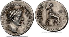 Ancients Roman Imperial Tiberius (AD 14-37). AR denarius (19mm, 3.75 gm, 8h). NGC Choice XF 4/5 - 4/5. Lugdunum, ca. AD 14-17. TI CAESAR DIVI-AVG F AVGVSTVS, laureate head of Tiberius right / PONTIF-M