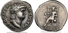 Ancients Roman Imperial Nero, as Augustus (AD 54-68). AR denarius (18mm, 3.46 gm, 6h). NGC Choice VF 5/5 - 3/5, brushed. Rome, AD 65-66. NERO CAESAR-AVGVSTVS, laureate head of Nero right / SALVS, Salu