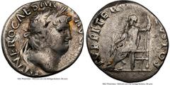 Ancients Roman Imperial Nero, as Augustus (AD 54-68). AR denarius (17mm, 3.06 gm, 5h). NGC Fine 4/5 - 3/5. Rome, ca. AD 67/8. IMP NERO CAESAR-AVG P P, laureate head of Nero right / IVPPITER-CVSTOS, Ju