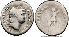 Ancients Roman Imperial Nero, as Augustus (AD 54-68). AR denarius (19mm, 6h). NGC VG. Rome, ca. AD 65-68. NERO CAESAR-AVGVSTVS, laureate head of Nero right / IVPPITER-CVSTOS, Jupiter enthroned left, t