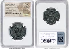 Ancients Roman Imperial Nero, as Augustus (AD 54-68). AE dupondius (27mm, 14.50 gm, 7h). NGC Choice VF 5/5 - 2/5, smoothing. Rome, ca. AD 65. NERO CLAVD CAESAR AVG GER P M TR P IMP P P, radiate head o