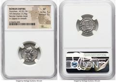 Ancients Roman Imperial Domitian, as Augustus (AD 81-96). AR denarius (19mm, 3.29 gm, 6h). NGC XF 5/5 - 3/5. Rome, 3rd issue, AD 88. IMP CAES DOMIT AVG-GERM P M TR P VIII, laureate head of Domitian ri