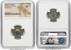 Ancients Roman Imperial Domitian, as Augustus (AD 81-96). AR denarius (19mm, 7h). NGC XF. Rome, 14 September AD 95-13 September AD 96. IMP CAES DOMIT AVG-GERM P M TR P XV, laureate head of Domitian ri