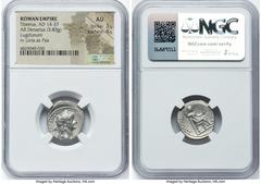 Ancients Roman Imperial Tiberius (AD 14-37). AR denarius (19mm, 3.83 gm, 11h). NGC AU 3/5 - 4/5. Lugdunum, ca. AD 14-17. TI CAESAR DIVI-AVG F AVGVSTVS, laureate head of Tiberius right / PONTIF-MAXIM, 