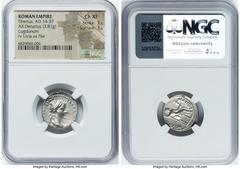 Ancients Roman Imperial Tiberius (AD 14-37). AR denarius (19mm, 3.81 gm, 10h). NGC Choice XF 3/5 - 3/5. Lugdunum, ca. AD 14-17. TI CAESAR DIVI-AVG F AVGVSTVS, laureate head of Tiberius right / PONTIF-