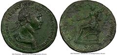 Ancients Roman Imperial Trajan (AD 98-117). AE sestertius (34mm, 25.46 gm, 5h). NGC AU 5/5 - 2/5. Rome, AD 112-114. IMP CAES NERVAE TRAIANO AVG GER DAC P M TR P COS VI P P, laureate, draped bust of Tr
