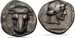 Ancients Greek PHOCIS. Phocian League. Federal Issue. Ca. 5th century BC. AR triobol or hemidrachm (14mm, 11h). NGC VF. 445-420 BC. Head of bull facing / Φ-O-K-I, head of Artemis right; all within inc