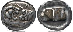 Ancients Greek LYDIAN KINGDOM. Croesus (561-546 BC). AR half-stater or siglos (14mm, 5.32 gm). NGC Choice VF 5/5 - 5/5. Croeseid standard, Sardes. Confronted foreparts of lion facing right and bull fa