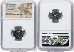 Ancients Roman Imperial Titus, as Augustus (AD 79-81). AR/AE fourrée denarius (17mm, 2.95 gm, 6h). NGC XF 5/5 - 3/5, flan flaws. Ancient forgery of Roman mint, after 1 July AD 79. IMP TITVS CAES VESPA