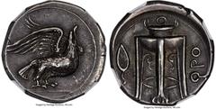 Ancients Greek BRUTTIUM. Croton. Ca. 425-350 BC. AR stater (22mm, 7.93 gm, 8h). NGC Choice XF S 4/5 - 5/5, Fine Style. Eagle standing right, head raised, with wings displayed / ϘPO, tripod lebes with 