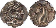 Ancients Greek SICULO-PUNIC. Sicily. Entella. Ca. 300-289 BC. AR tetradrachm (27mm, 17.00 gm, 9h). NGC Choice AU S 5/5 -4/5. Head of young Heracles right, wearing lion skin headdress, paws tied before