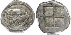 Ancients Greek MACEDON. Acanthus. Ca. 525-470 BC. AR tetradrachm (28mm, 17.27 gm). NGC AU 5/5 - 4/5, Fine Style. Ca. 480-470 BC. Lion springing right, tail curved, attacking bull kneeling to left with