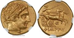 Ancients Greek MACEDONIAN KINGDOM. Philip II (359-336 BC). AV stater (18mm, 8.61 gm, 4h). NGC MS 5/5 - 4/5. Late lifetime-early posthumous issue of Pella, ca. 340-328 BC. Laureate head of Apollo right