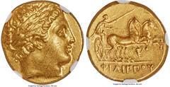 Ancients Greek MACEDONIAN KINGDOM. Philip II (359-336 BC). AV stater (18mm, 8.61 gm, 2h). NGC Choice AU 5/5 - 4/5. Lifetime-early posthumous issue of Pella II, ca. 340-328 BC. Laureate head of Apollo 