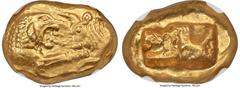Ancients Greek LYDIAN KINGDOM. Croesus (561-546 BC). AV stater (16mm, 8.06 gm). NGC MS 5/5 - 4/5. Croeseid "light" standard, Sardes, ca. 550-546 BC. Confronted foreparts of lion right and bull left, b