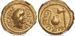 Ancients Roman Republic Julius Caesar, as Consul for the Third Time (46 BC), with Aulus Hirtius, as Praetor. AV aureus (19mm, 8.06 gm, 6h). NGC MS S 5/5 - 4/5. Rome. C•CAESAR-COS•TER, veiled female he