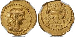 Ancients Roman Republic L. Cestius and C. Norbanus (43 BC). AV aureus (20mm, 7.96 gm, 1h). NGC Choice AU 3/5 - 4/5. Rome, ca. January-April 43 BC. Draped bust of Africa right, seen from front, wearing