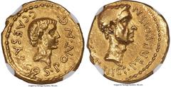 Ancients Roman Republic Octavian, as Consul (ca. 43 BC), with Julius Caesar, as Dictator Perpetuo and Pontifex Maximus. AV aureus (18mm, 8.16 gm, 5h). NGC Choice XF 3/5 - 4/5. Military mint in Transal