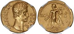Ancients Roman Imperial Augustus (27 BC-AD 14). AV aureus (20mm, 7.79 gm, 6h). NGC Choice VF 4/5 - 3/5, bankers mark, light graffito. Lugdunum, 15-13 BC. AVGVSTVS-DIVI•F, bare head of Augustus right; 
