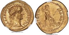Ancients Roman Imperial Tiberius (AD 14-37). AV aureus (20mm, 7.80 gm, 1h). NGC MS S 5/5 - 5/5. Lugdunum, ca. AD 14-17. TI CAESAR DIVI-AVG F AVGVSTVS, laureate head of Tiberius right / PONTIF-MAXIM, L