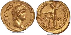 Ancients Roman Imperial Nero, as Augustus (AD 54-68). AV aureus (19mm, 7.71 gm, 4h). NGC Choice AU 5/5 - 4/5. Roma and Lugdunum, AD 62-63. NERO•CAESAR•AVG•IMP, bareheaded bust of Nero right / PONTIF M