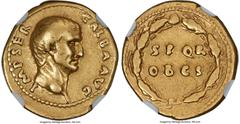 Ancients Roman Imperial Galba (AD 68-69). AV aureus (19mm, 7.16 gm, 7h). NGC Choice Fine 5/5 - 4/5. Rome, July AD 68-January 69. IMP SER-GALBA AVG, bare bust of Galba right / S P Q R / OB C S, legend 